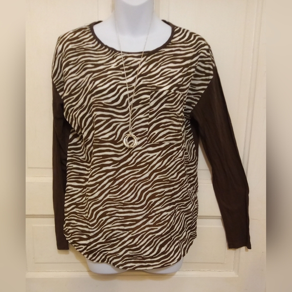 🛍️ BUNDLE ONLY 🛍️MICHAEL Michael Kors Cream and Brown Graphic Blouse - Picture 1 of 6